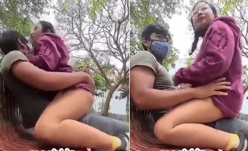 parejita de jovenes adolescentes cogiendo en el parque y por poco los cachan